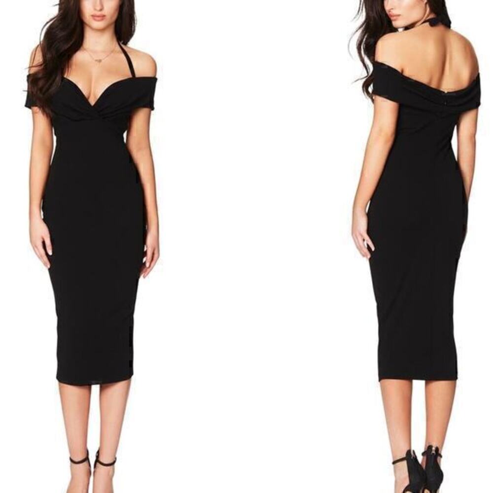 NOOKIE Halter Strap Athena Off Shoulder Scuba Midi in Black size XS NWT
